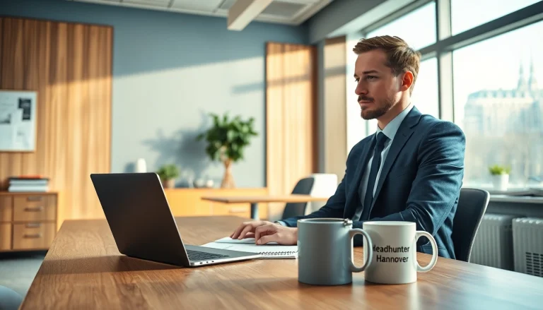 Headhunter Hannover conducting a professional video call in a modern office.