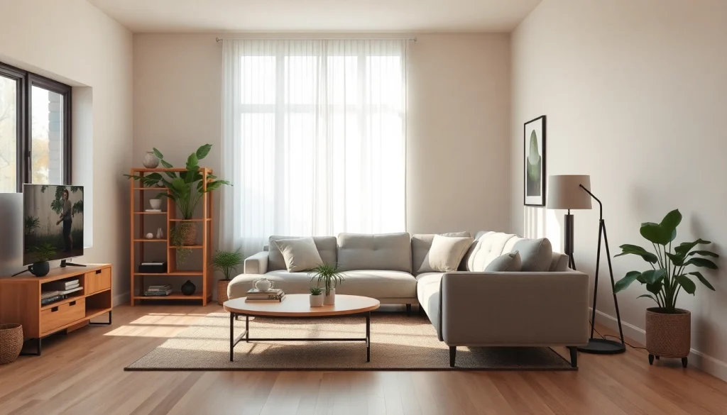 Raumgestaltung eines gemütlichen Wohnzimmers mit modernen Möbeln und Pflanzen.