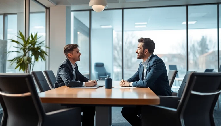 Headhunter Saarbrücken in einem modernen Bürogespräch mit einem Bewerber, das Erfolg und Zusammenarbeit zeigt.