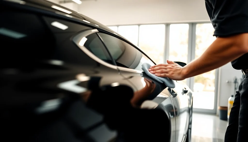 Autopolitur kaufen: Professionelle Anwendung von Autopolitur auf einem glänzenden schwarzen Auto, um perfekten Glanz zu erzielen.