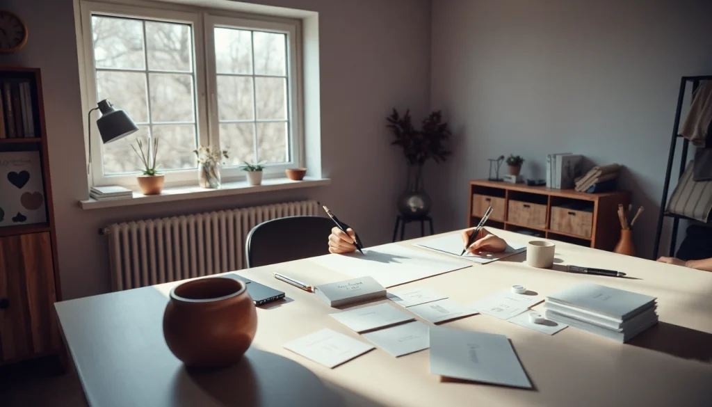 Gestalte persönliche Karten drucken in einer modernen Arbeitsumgebung mit Karten und Design-Werkzeugen.