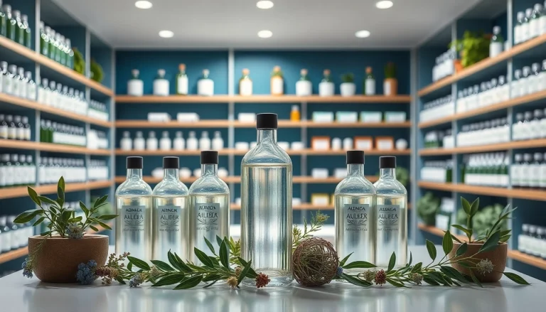 Erleben Sie die Vorteile von kolloidalem Silber kaufen in einer modernen Apotheke, mit einer Auswahl an hochwertigen Silberflaschen und natürlichen Elementen.