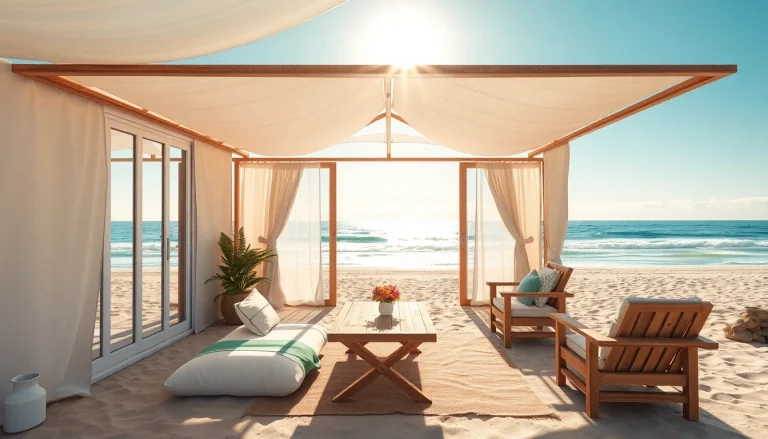 Das Küsten-Cabana bietet eine atemberaubende Aussicht auf den Strand mit modernem Design und entspannendem Ambiente.