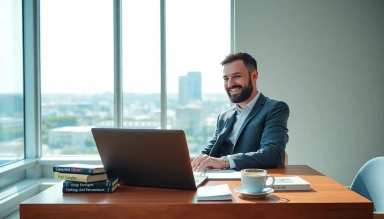 Headhunter IT arbeitet am Laptop in einem modernen Büro mit inspirierender Aussicht.