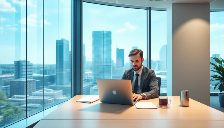 Headhunter IT arbeitet konzentriert an einem modernen Schreibtisch.