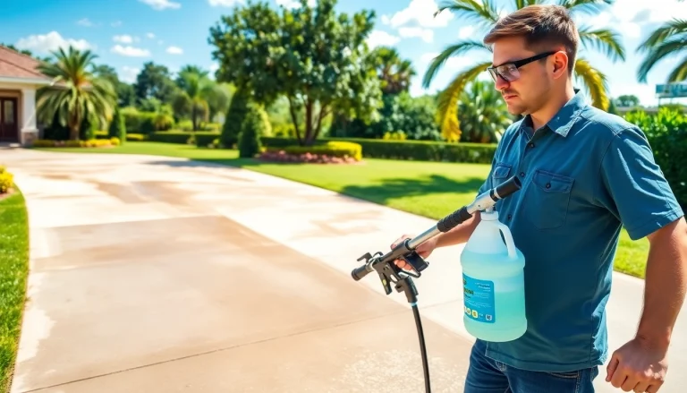 Driveway pressure wash in Kissimmee, FL, showcasing a technician cleaning a driveway.