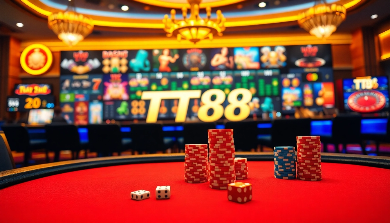 Experience the excitement of TT88 with a vibrant casino gaming scene filled with poker chips and slot machines.