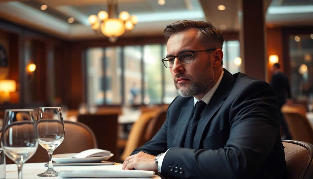 Headhunter Gastronomie analysiert Lebensläufe in einem eleganten Restaurant.