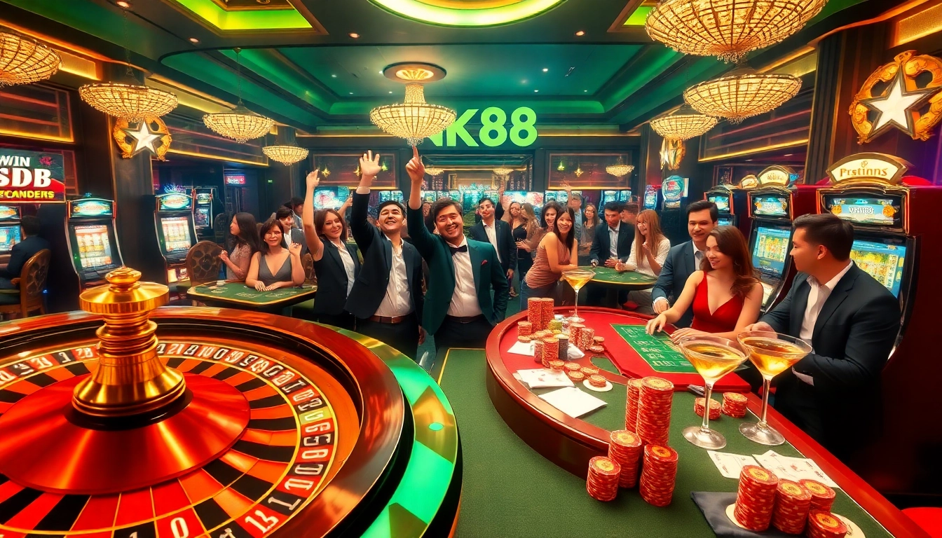 Celebrating the thrill of nk88 win with vibrant casino games including roulette and poker.