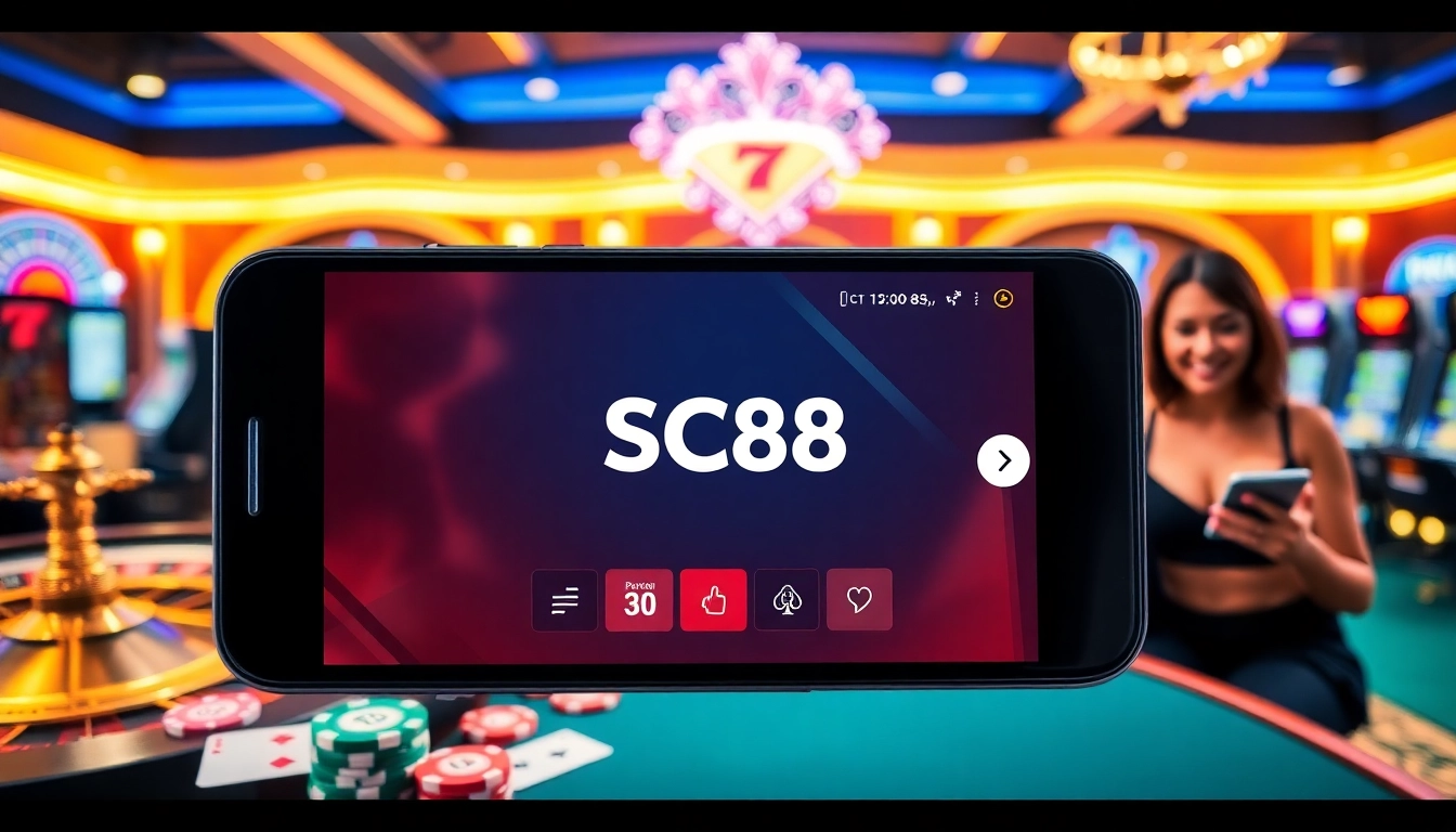 Players enjoying the SC88 App while engaging with colorful casino elements like poker chips and roulette.