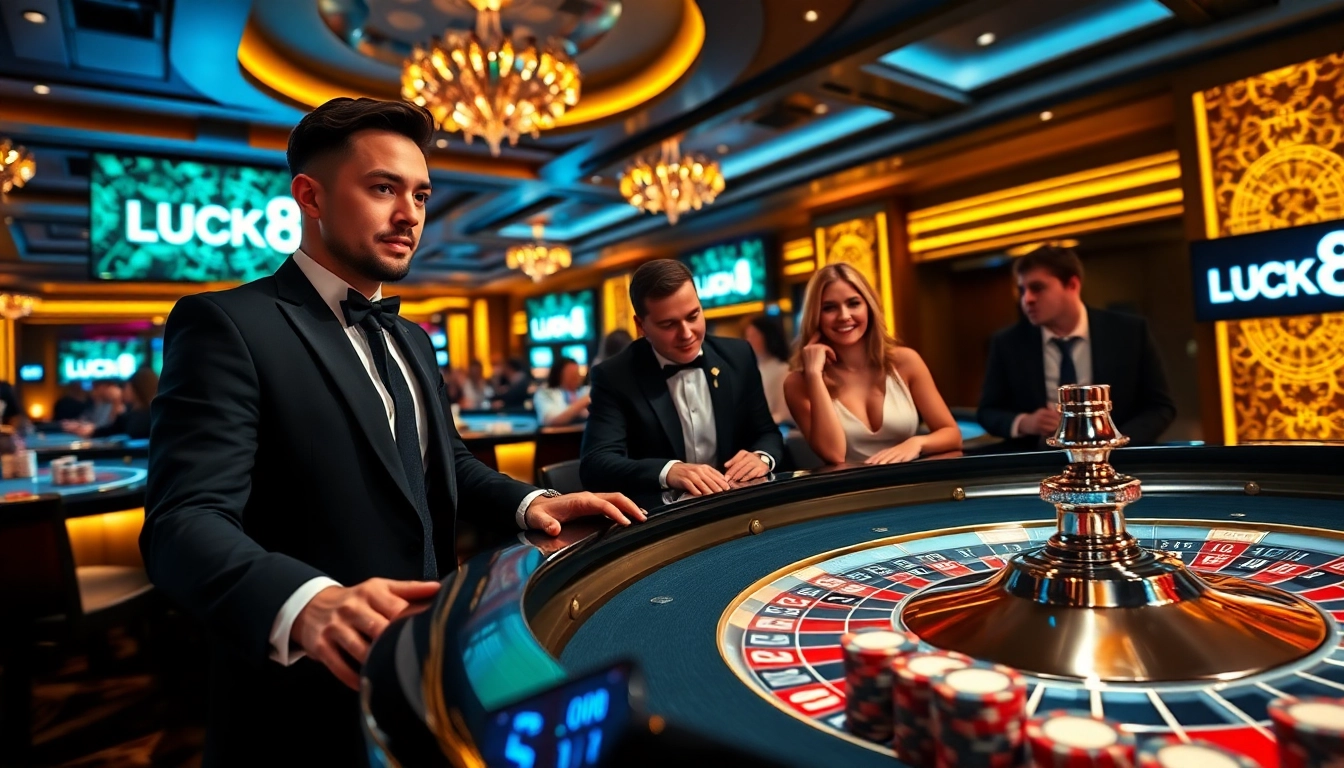 Người chơi đang tận hưởng một trò roulette đầy hồi hộp tại casino LUCK8, với ánh đèn rực rỡ và các chiếc chip poker.