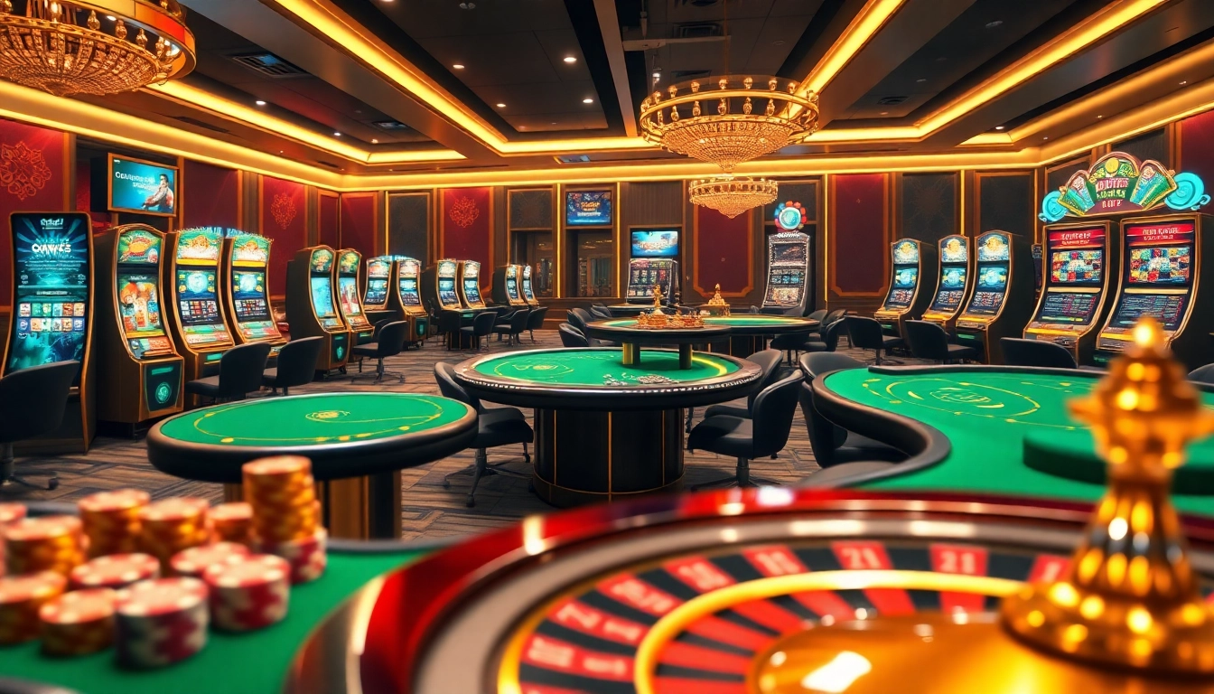 Experience the excitement of gambling with qh88 in a luxurious online casino scene filled with vibrant tables and slot machines.