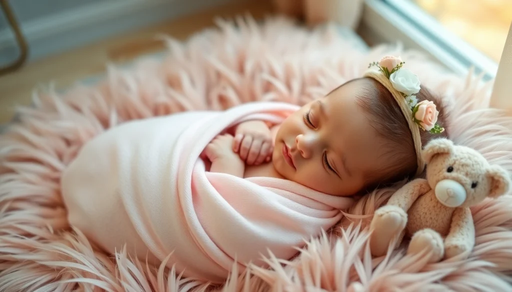 Neugeborenes Fotoshooting mit einem schlafenden Baby in sanften Farben und weichem Licht.