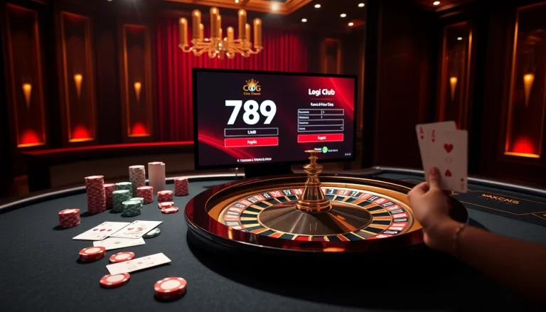 Log in to 789club with a dynamic casino scene featuring roulette and vibrant poker chips.