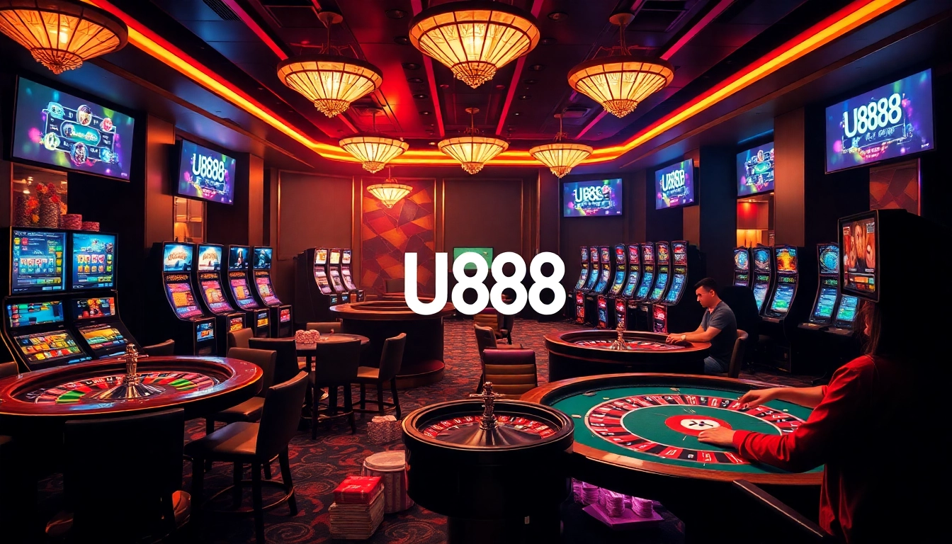 Experience the excitement of U888, with poker tables and slot machines in a luxurious casino setting.