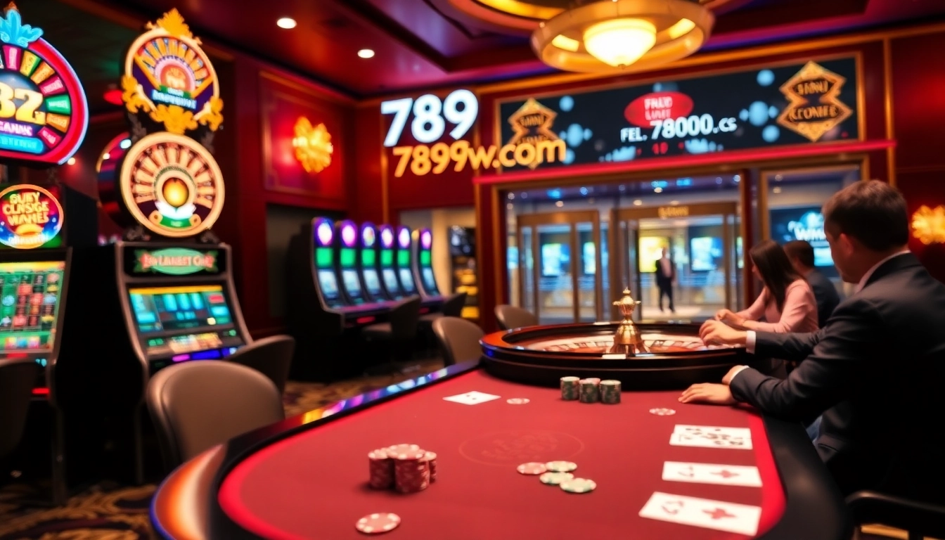 Exciting gaming action at 789win.com with vibrant slot machines and engaging poker players.