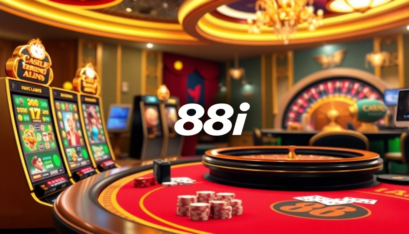 Experience the thrill of online gaming with 88i's vibrant casino scene featuring slot machines and poker tables.