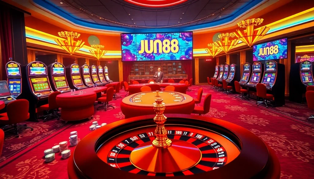 Experience the excitement of Jun 88 through vibrant casino visuals featuring dynamic gaming elements.