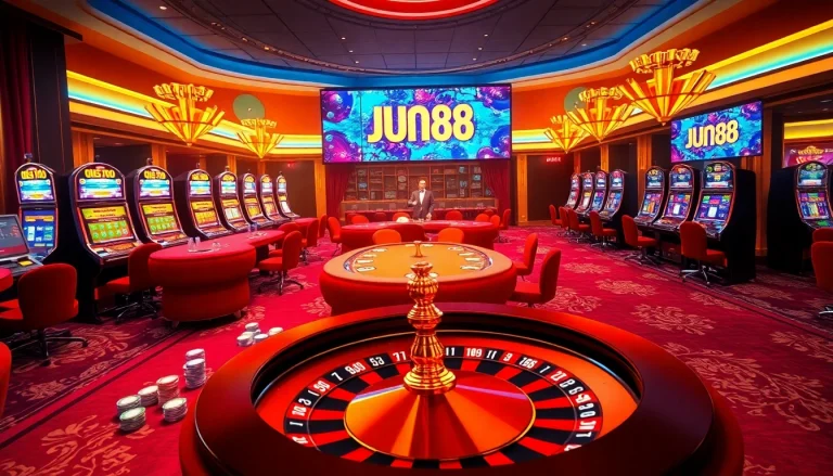 Experience the excitement of Jun 88 through vibrant casino visuals featuring dynamic gaming elements.