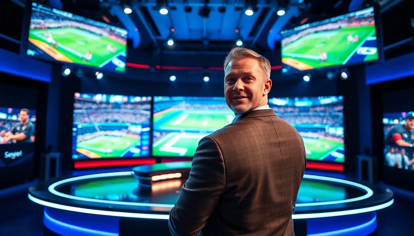 Engaging host presenting live Sports Broadcasting in a vibrant, high-tech studio.