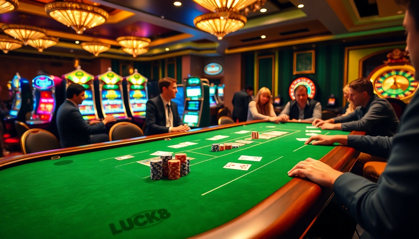 Người chơi đang thưởng thức một ván chơi đầy kịch tính tại bàn casino LUCK8 với các chip đa màu và quân bài.