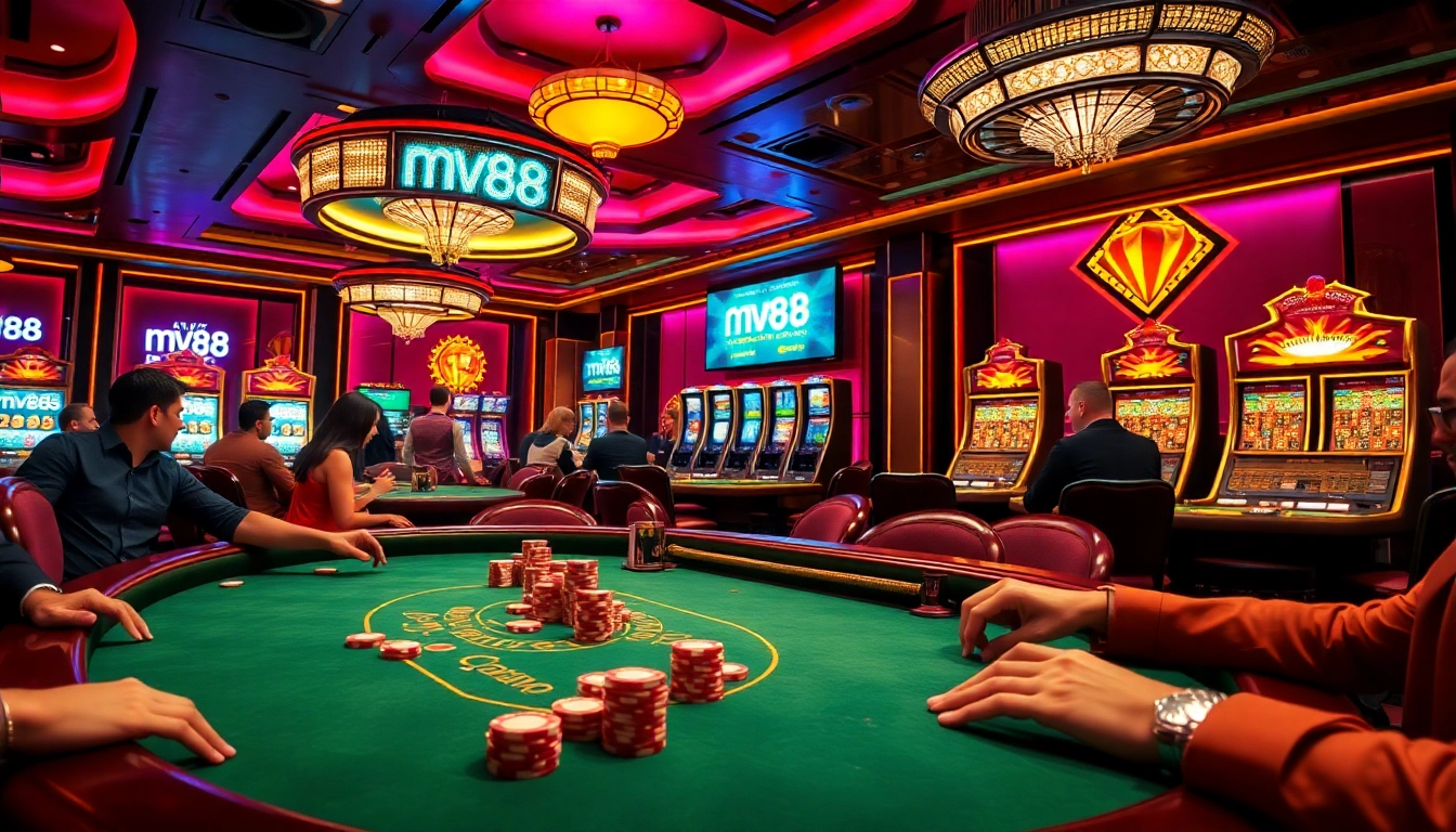 Players enjoying high-stakes poker at a luxurious casino with mv88 branding subtly integrated.