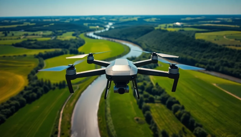 Drohnenvideos Brandenburg zeigen einen modernen Multikopter über die grünen Landschaften Brandenburgs.