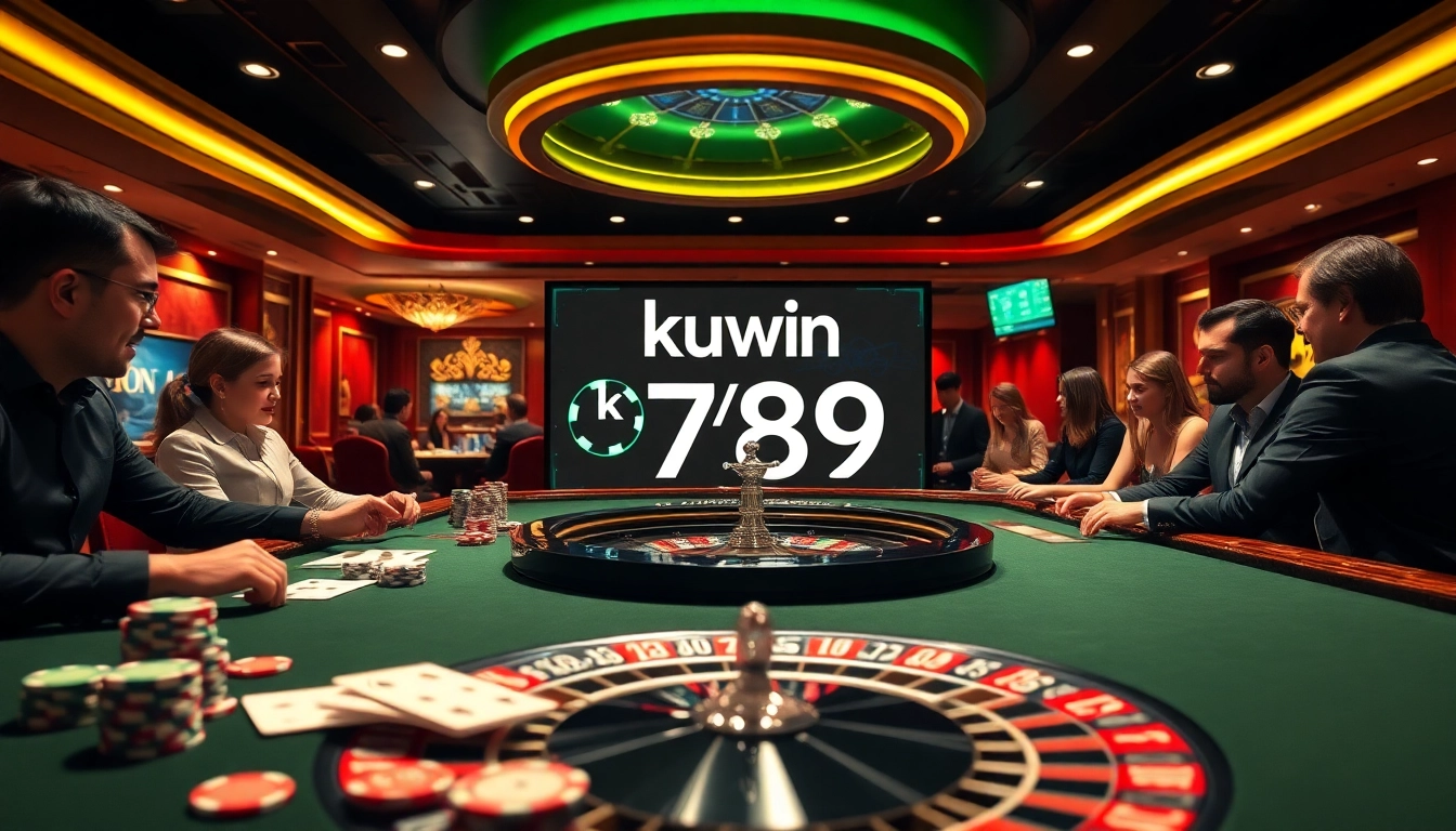 Kuwin 789 casino scene with poker chips and roulette wheel, showcasing high-stakes excitement.
