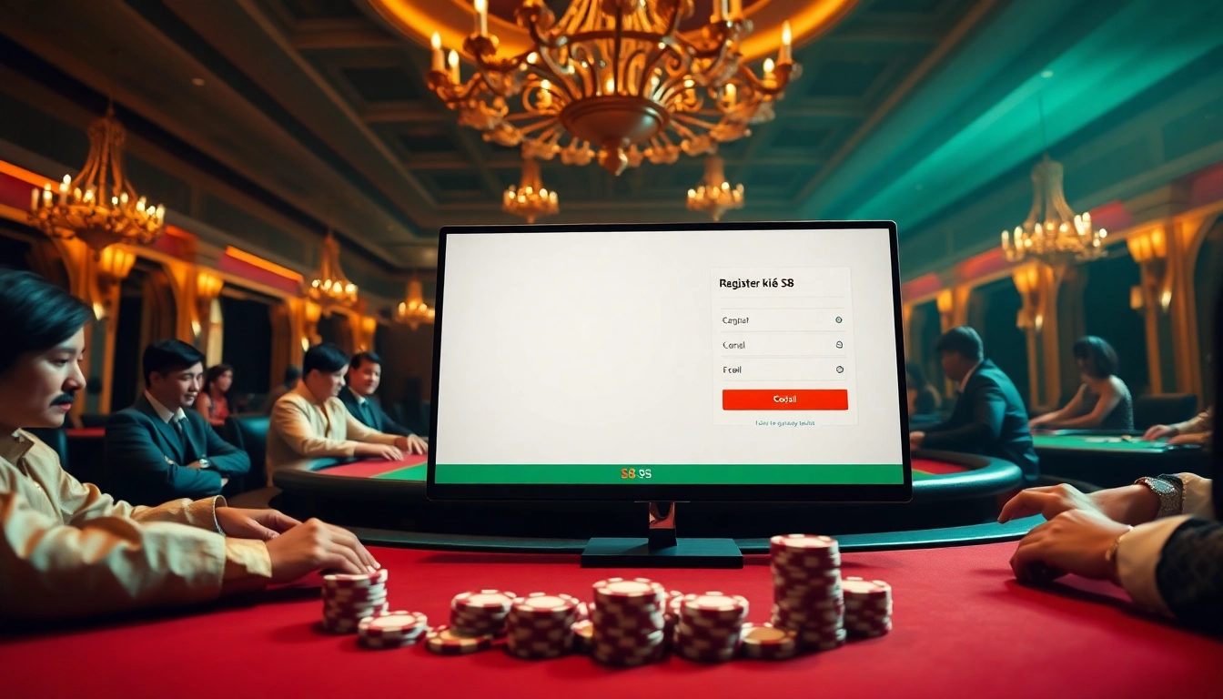 Experience the thrill of gambling with Đăng ký S8, showcasing an engaging casino scene with poker and registration elements.