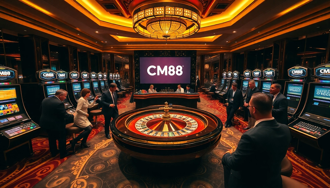 CM88 logo featured amid vibrant casino action on roulette and slot machines.