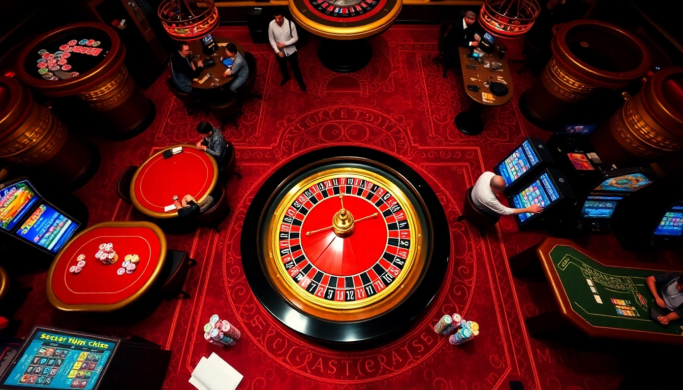 Players engaging at c1688 casino tables, excitedly betting with colorful chips and vibrant slot machines.