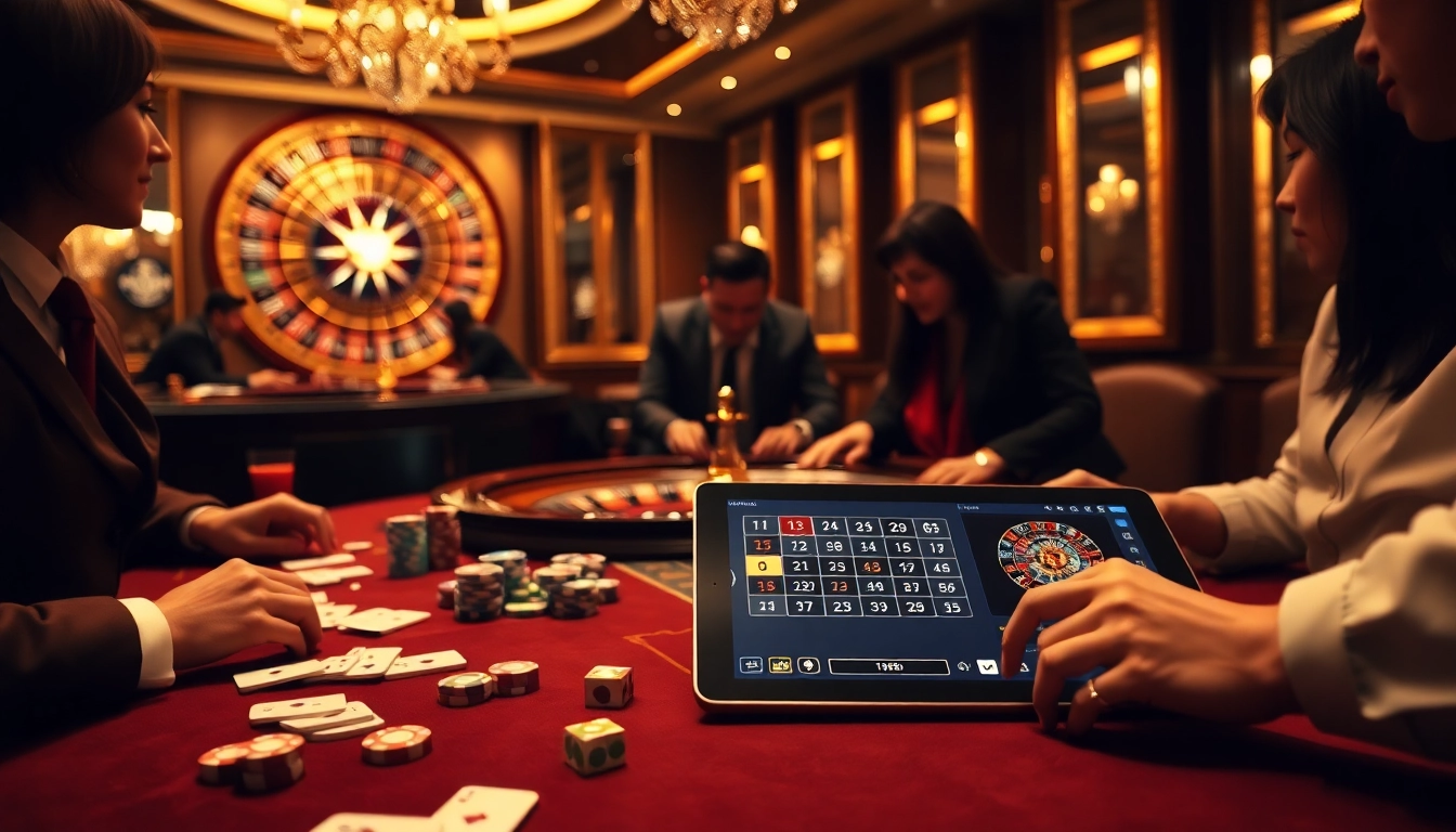 A thrilling game at https://tt88.to/ casino, featuring excited players at a luxurious table with cards and roulette.