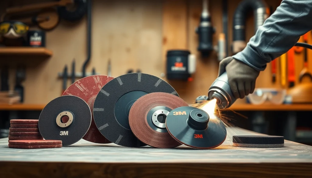 Hochwertige 3M Schleifmittel Produkte in einer professionellen Werkstattumgebung ausgestellt.
