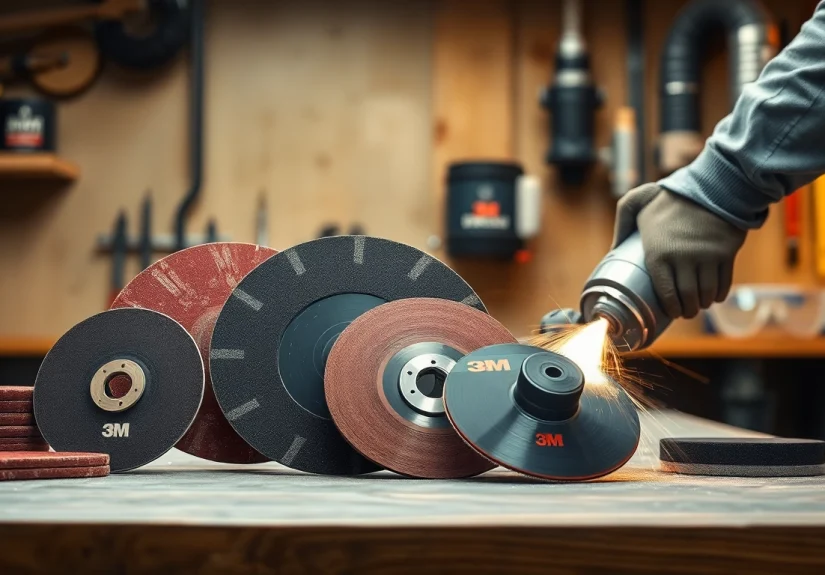 Hochwertige 3M Schleifmittel Produkte in einer professionellen Werkstattumgebung ausgestellt.