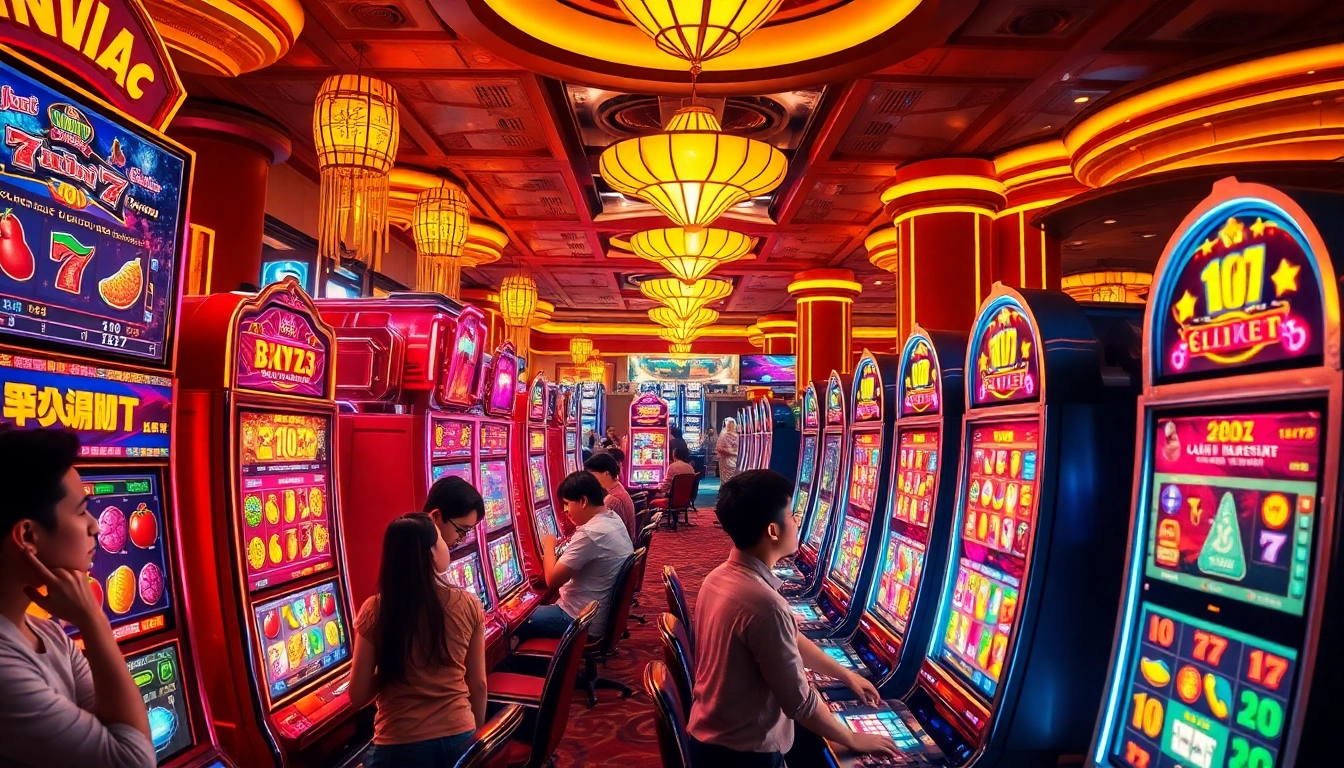 Players celebrating their wins on nổ hũ slot machines in a vibrant casino atmosphere.
