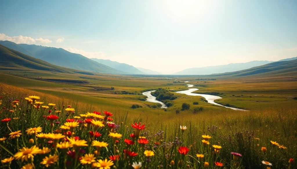 Painting of vibrant wildflowers in a serene landscape, capturing nature's beauty and tranquility.