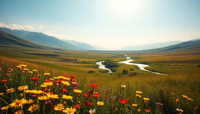 Painting of vibrant wildflowers in a serene landscape, capturing nature's beauty and tranquility.