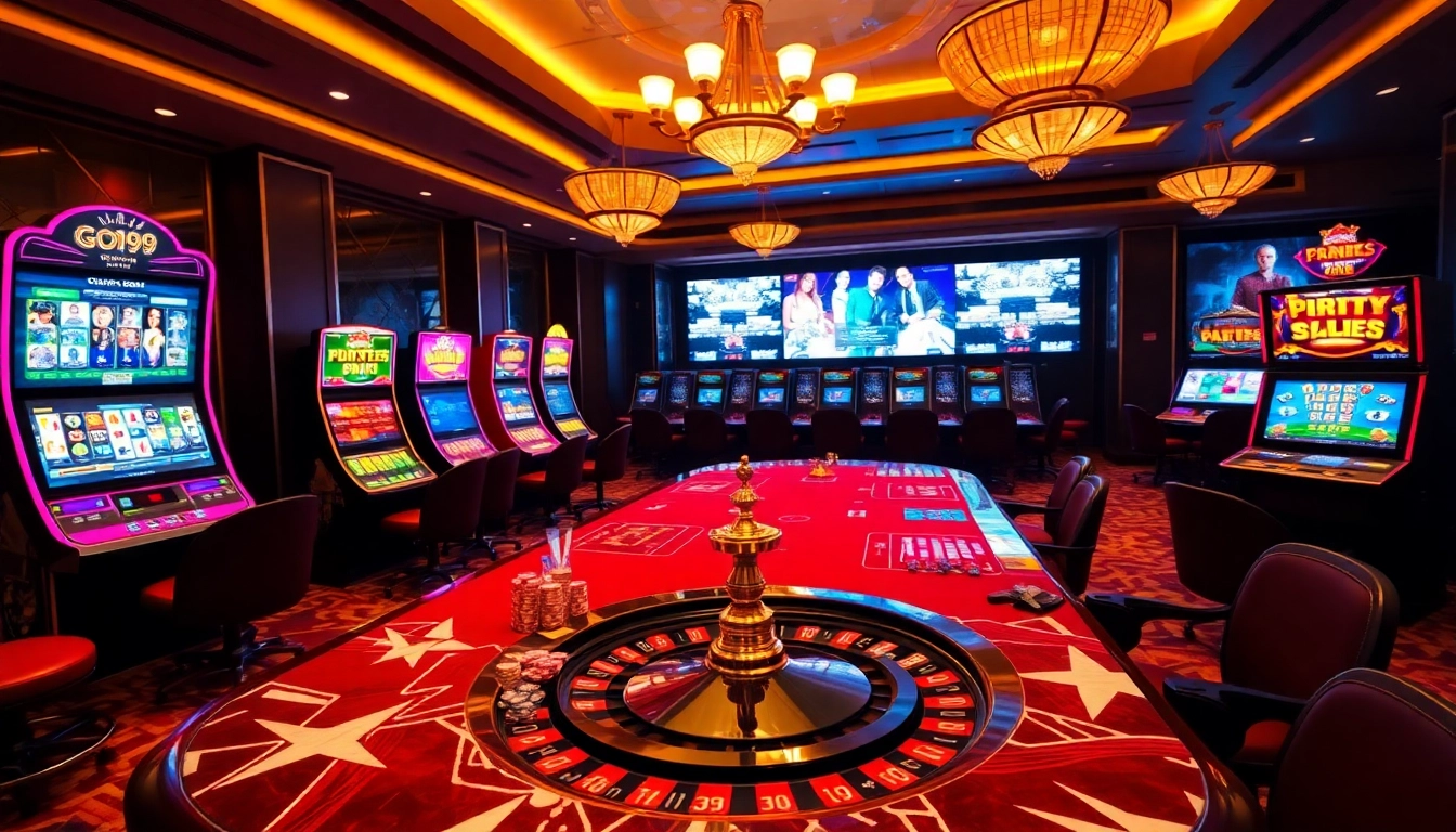 Go99 casino scene featuring vibrant slot machines and poker chips for an exciting gaming atmosphere.