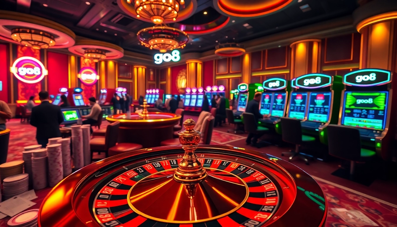 Go8 online gamblers placing bets at a luxurious casino with vibrant gaming tables.