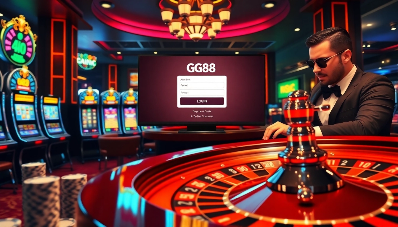 Engage with the exciting gg88 login experience amidst a vibrant casino scene featuring online gaming elements.