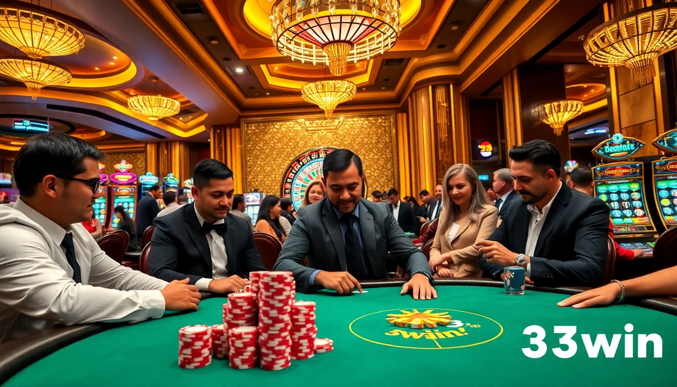 33win patrons enjoying a thrilling game of poker in an upscale casino setting.