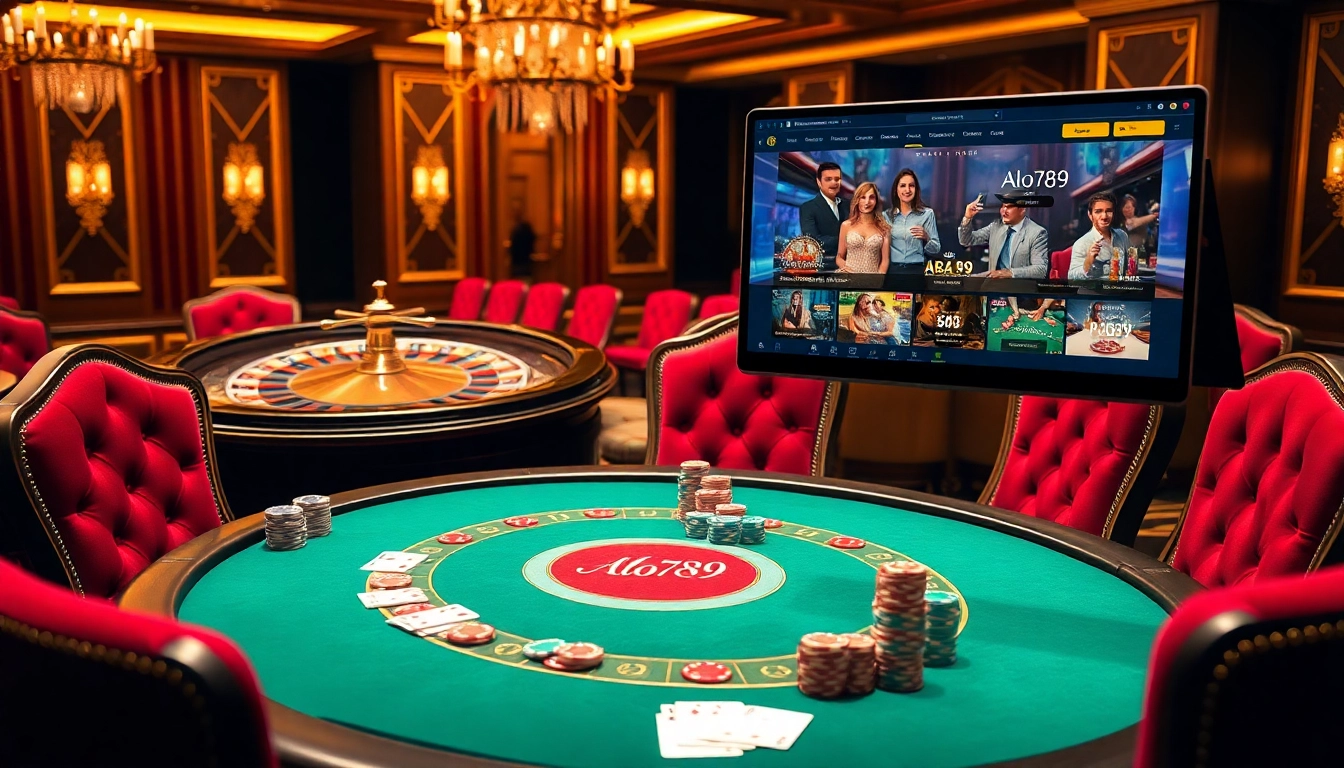 A breathtaking poker scene at Alo789 mới nhất showcasing vibrant chips, a roulette wheel, and an elegant casino setting.