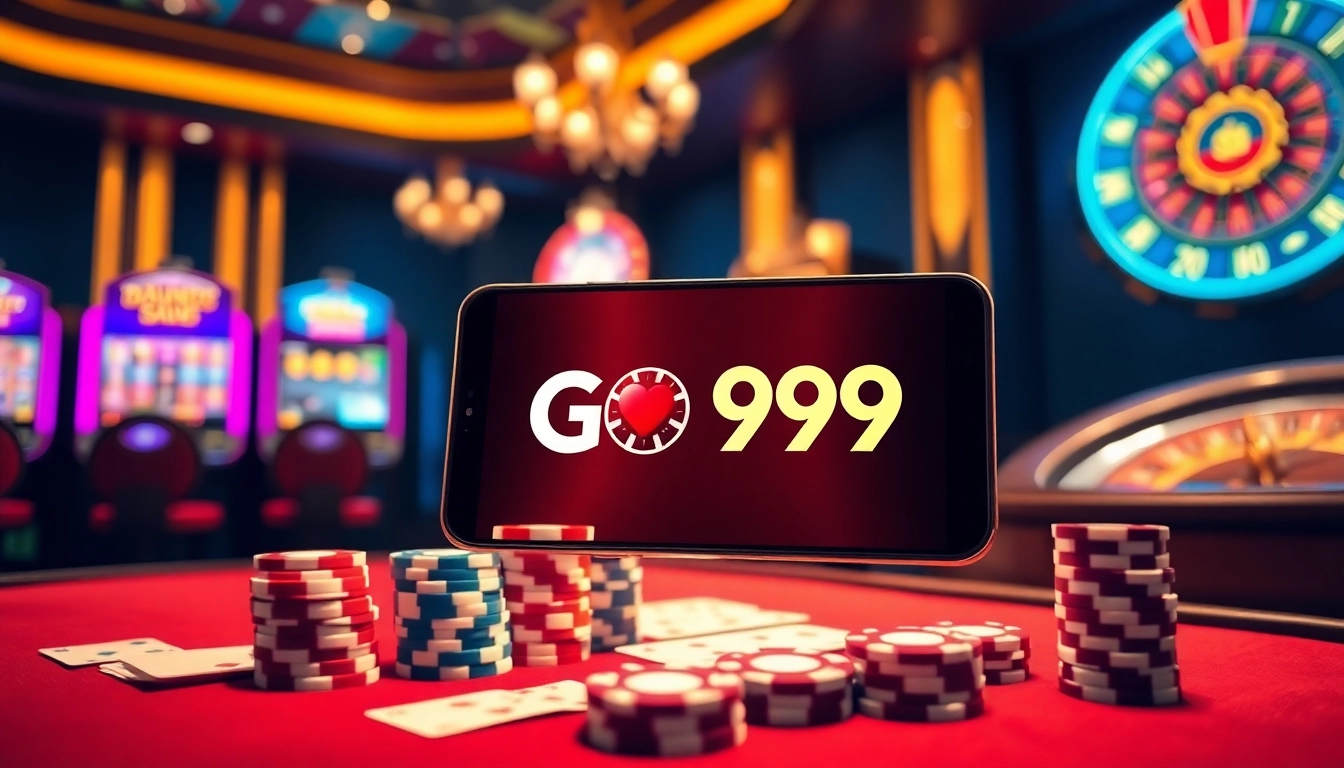 Experience the GO99 app with an exciting casino setup featuring poker chips and vibrant slot machines.