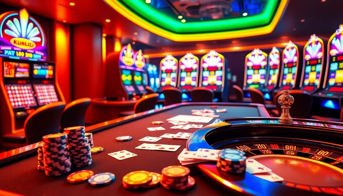 Kubet11 elevates your gaming experience with a luxurious casino scene featuring dynamic tables, roulette, and vibrant slot machines.