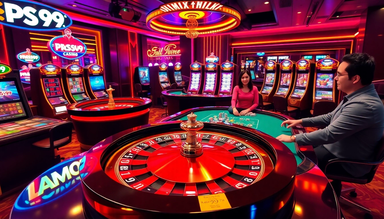 Experience the thrill of online gambling with PS 99 at an exciting casino scene featuring roulette and poker.
