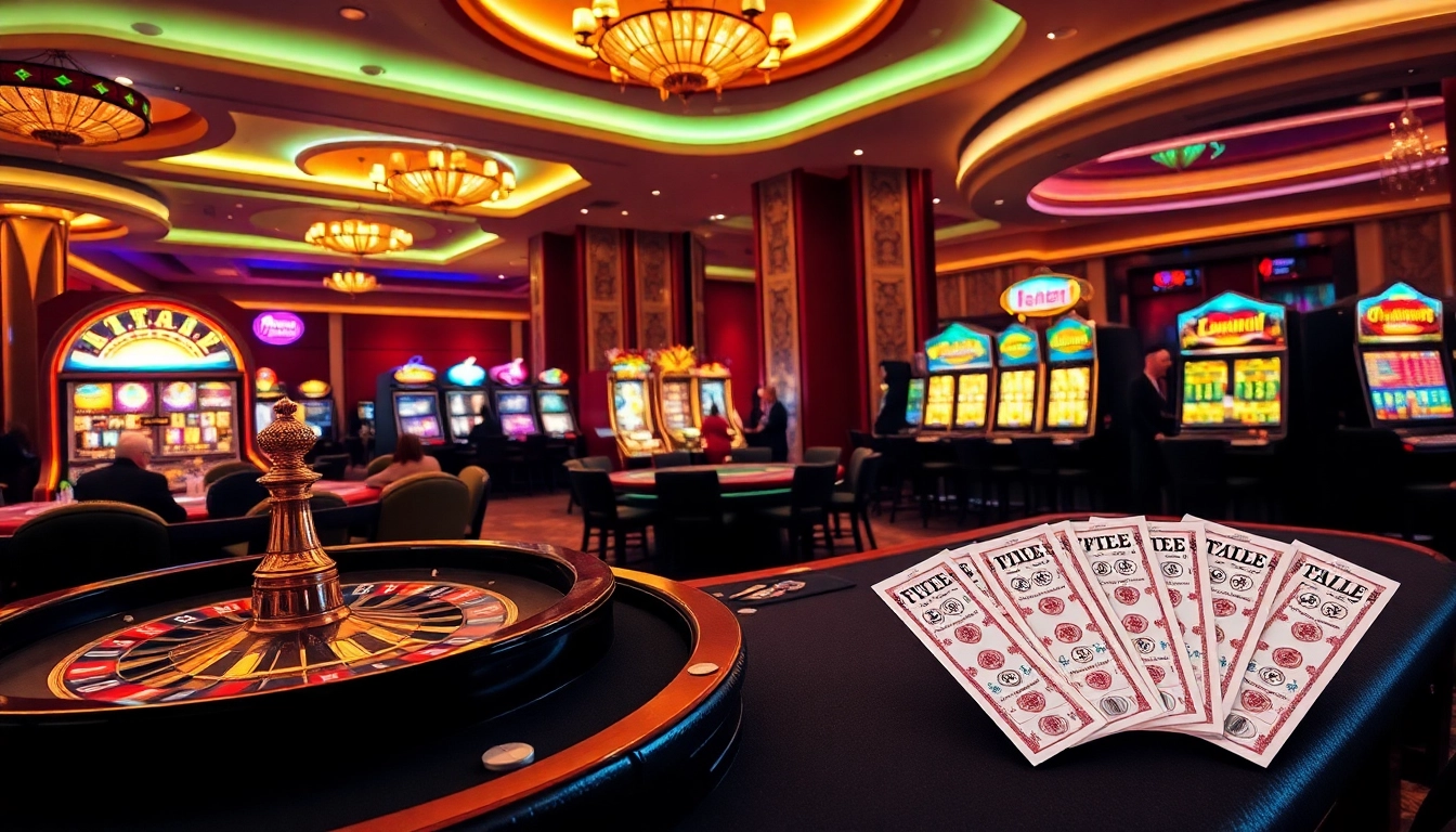 Kết quả xổ số excitement captured in a luxurious casino scene showcasing roulette, poker, and slot machines.