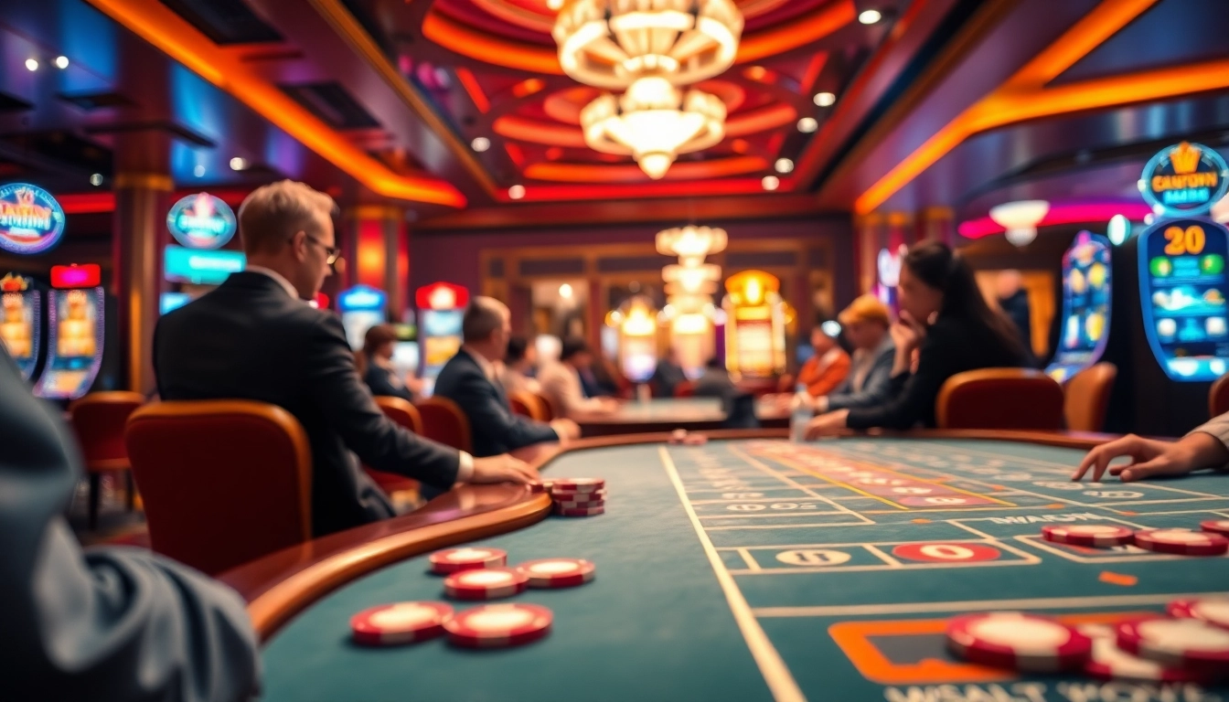 An energetic scene of casino spiele.de with players at gaming tables and vibrant lights.