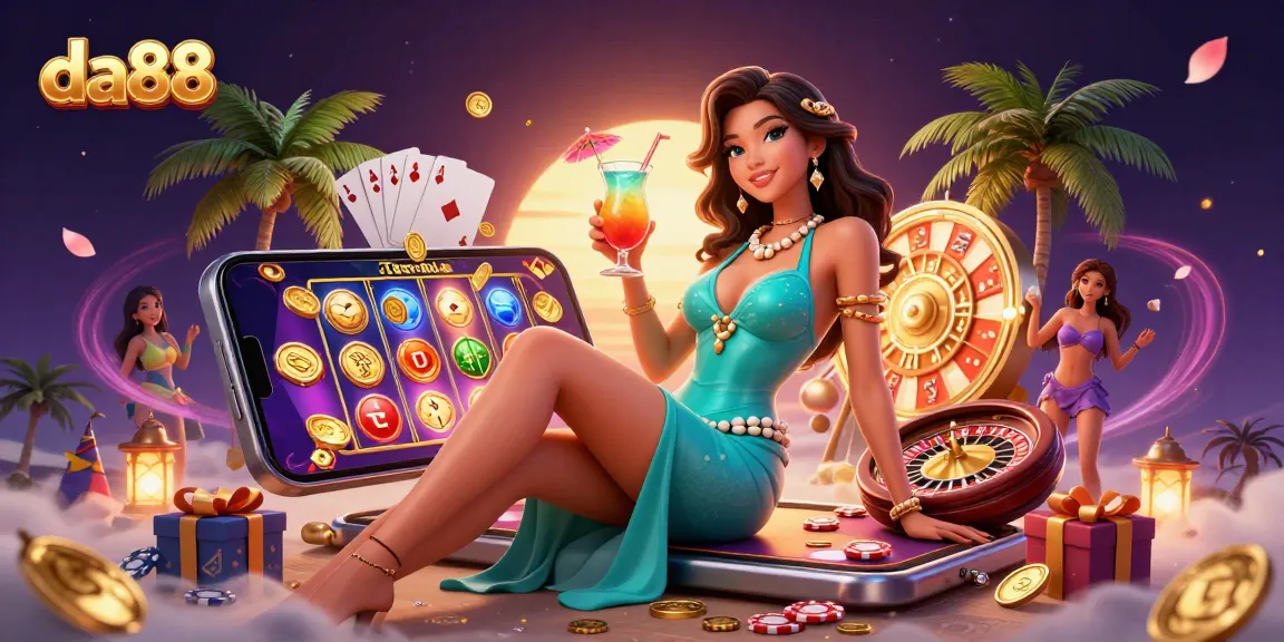 Experience the excitement of da88 with a glamorous scene of casino games and vibrant colors.