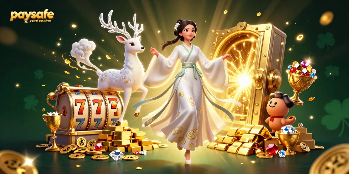 Illustration des Paysafe Card Casinos mit Slots, goldenen Schätzen und einem leuchtenden, himmlischen Thema.