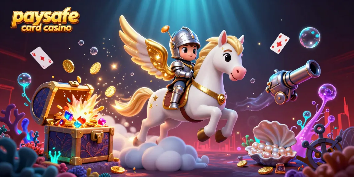 Erleben Sie das aufregende Paysafe Card Casino-Erlebnis mit einem himmlischen Pferd und einem Ritter in Aktion.